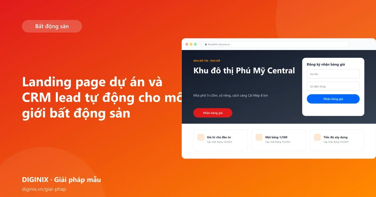 Minh họa landing page dự án bất động sản và bảng CRM theo dõi lead