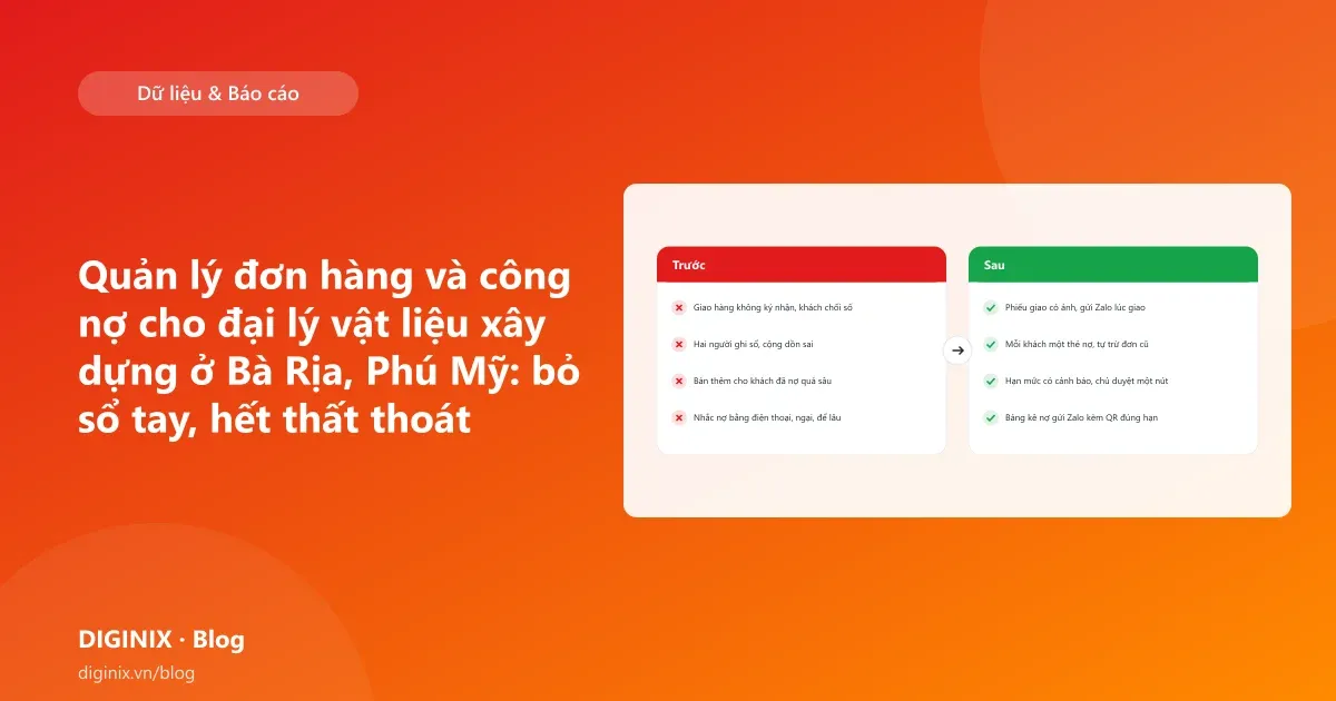 Minh họa quản lý công nợ đại lý vật liệu xây dựng với bảng nợ theo khách và nhắc nợ Zalo