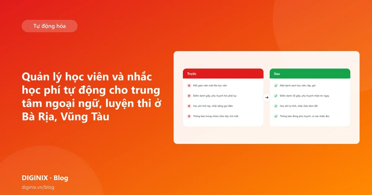 Minh họa quản lý trung tâm ngoại ngữ với điểm danh trên điện thoại và nhắc học phí qua Zalo
