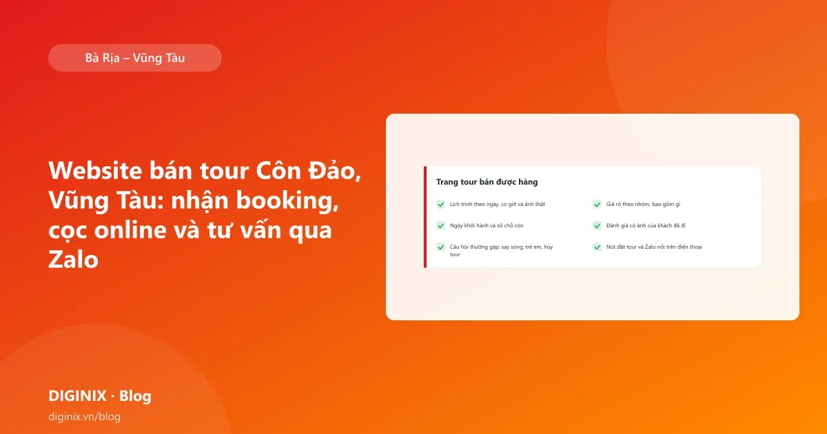 Minh họa website bán tour Côn Đảo, Vũng Tàu với trang tour, giá và nút đặt tour