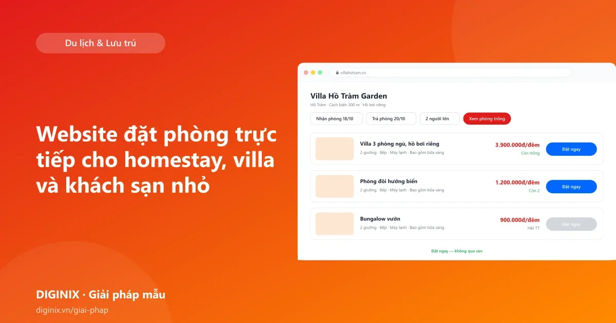 Minh họa website đặt phòng trực tiếp cho villa với lịch trống và nút đặt phòng