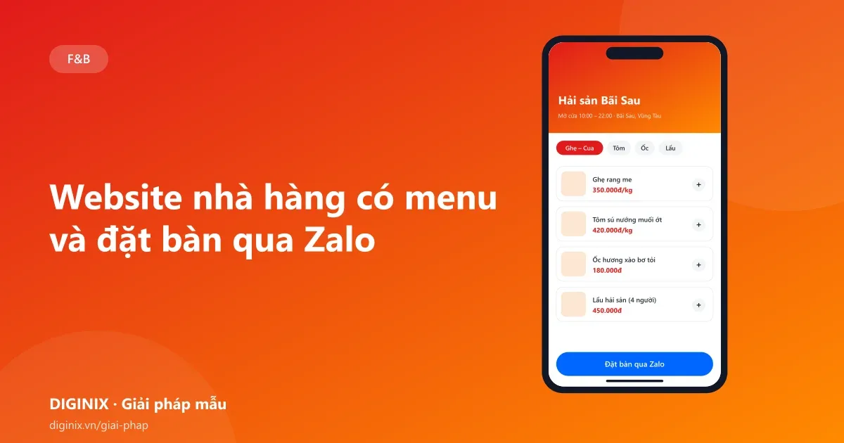 Minh họa website nhà hàng với menu có ảnh và nút đặt bàn qua Zalo trên điện thoại