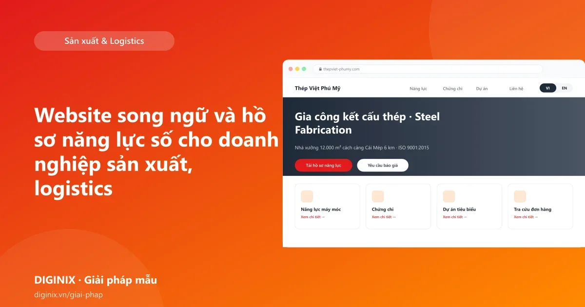 Minh họa website song ngữ Việt Anh với hồ sơ năng lực số cho doanh nghiệp sản xuất