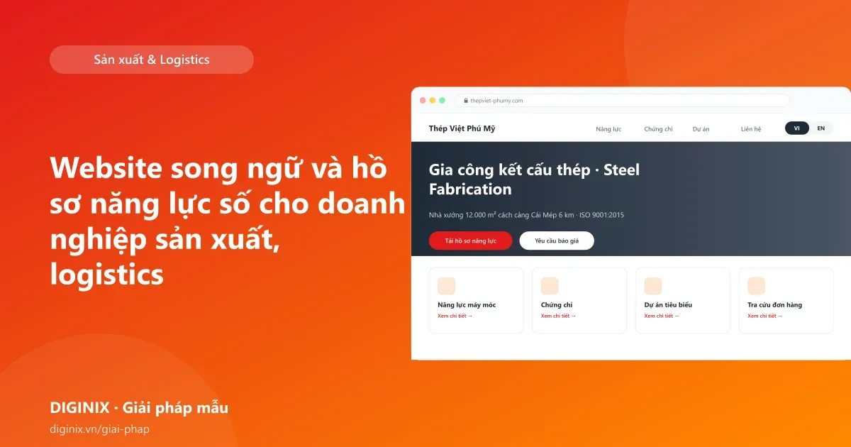 Minh họa website song ngữ Việt Anh với hồ sơ năng lực số cho doanh nghiệp sản xuất